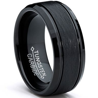Oliveti Tungsten Carbide Men's Black Brushed Textured Center Ring (8 mm) - 8.5