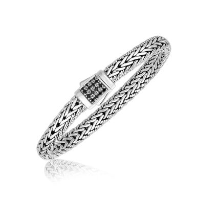 Sterling Silver Braided Style Men's Bracelet with Black Sapphire Accents (7.5 Inch)
