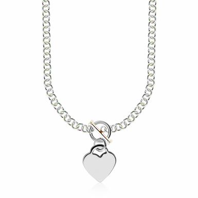 Sterling Silver Rhodium Plated Rolo Chain Necklace with a Heart Toggle Charm (18 Inch)