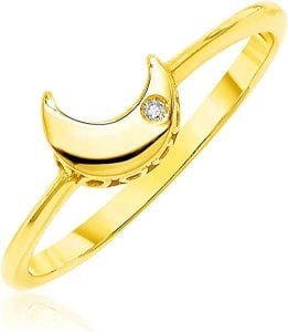 14k Yellow Gold Polished Moon Ring with Diamond (Size 7)