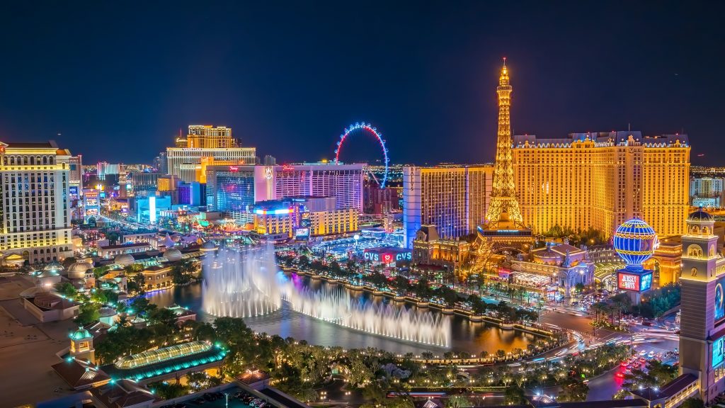 Aerial view of Las Vegas lit up at night