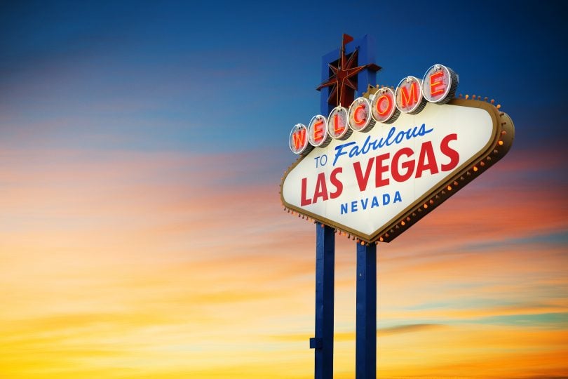 Lit up Las Vegas sign at sunset